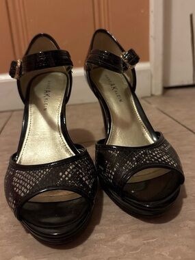 Anne Klein Black Textured Peep-Toe Ankle Strap Heels